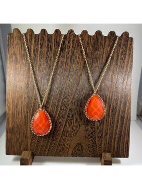 Gold Chain Necklace With Orange Teardrop Pendant Elegant Jewelry For Women